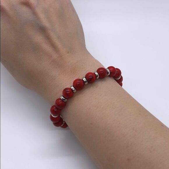 NWT Wool + Pepper Co. Red Turquoise + Silver Beaded Bracelet - Picture 3 of 4
